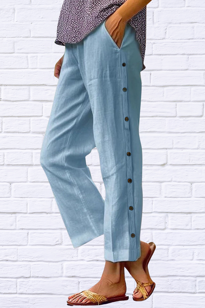 Full Size Side Decor Button Casual Wide Leg Pants Plus Size
