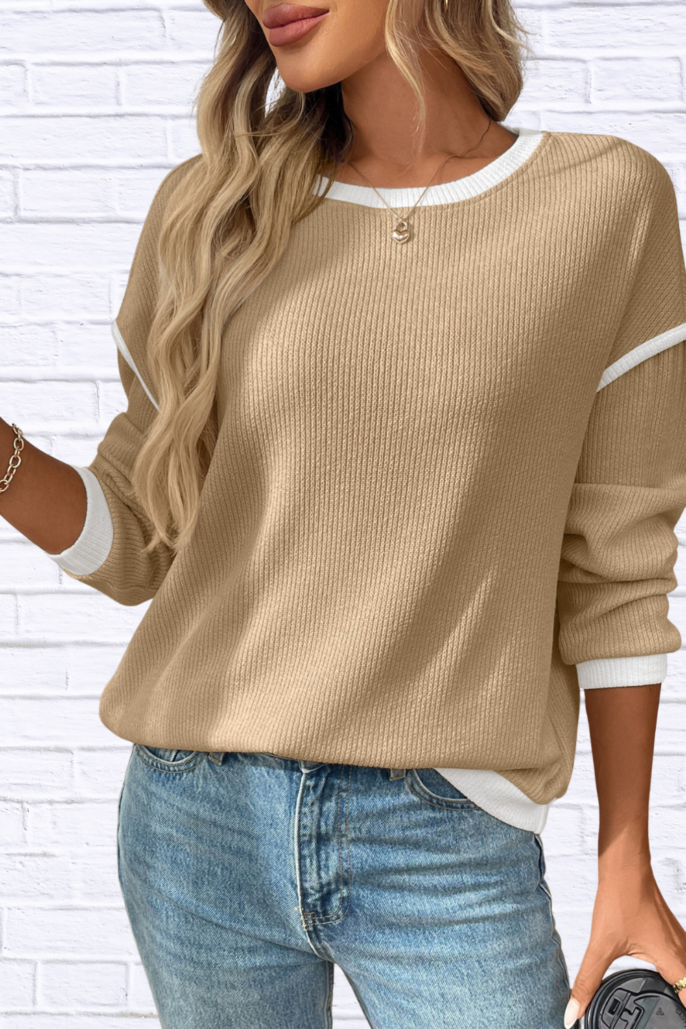 Ribbed Contrast Trim Long Sleeve Top