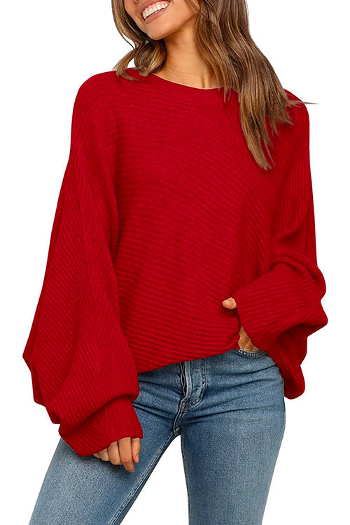 Batwing Long Sleeves Ribbed Knit Tunic Sweater Red