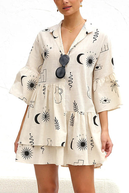 Rosiedress Flare Sleeves Button Down Graffiti Print Ruffle Shirt Dress Apricot