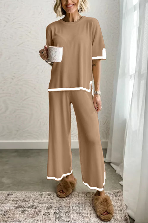 Color Block Short Sleeves Side Split Pullover Wide Leg Pants Knitting Loungewear Set Khaki