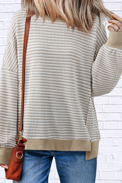 Stripe Ribbed Trim Drop Shoulder Long Sleeve Oversize Top