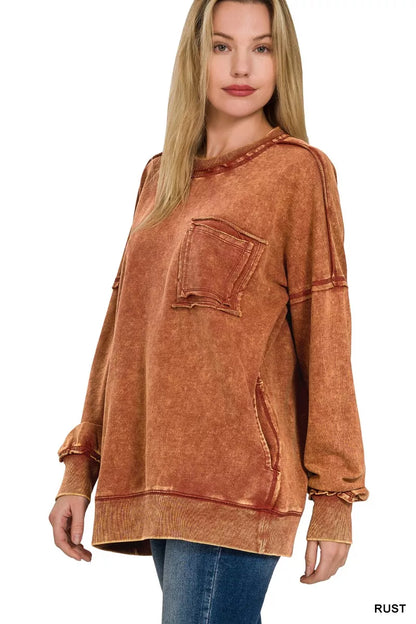 Zenana Acid Wash Raw Edge French Terry Sweatshirt with Front Pocket