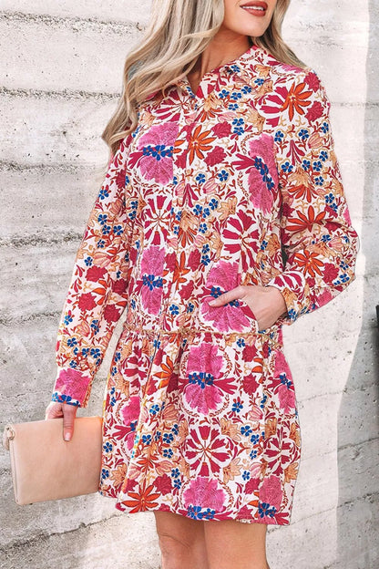 Fall Flower Print Long Sleeve Mini Dress