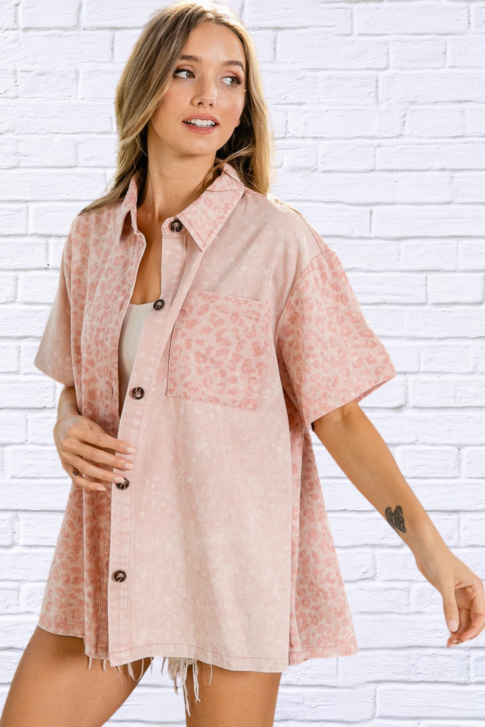 Unleash Your Wild Side – Dusty Pink Mineral Washed Leopard Print Shirt