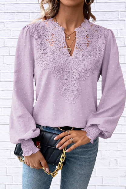 Swiss Dot Lace Detail Long Sleeve Blouse