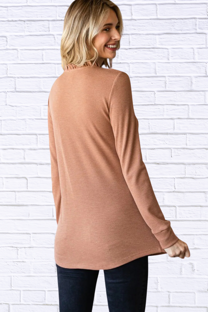 Camel Ruffle Button Top