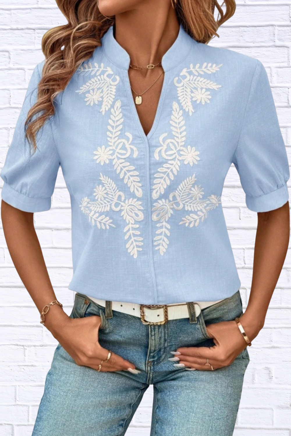 Embroidered Notched Neck Blouse for Women | Black Short Sleeve Floral