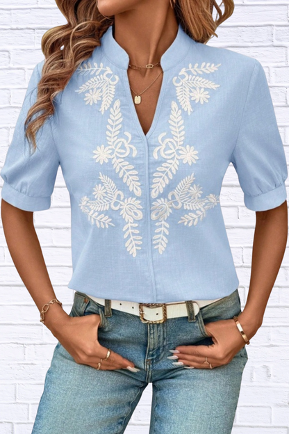 Embroidered Notched Neck Blouse for Women | Black Short Sleeve Floral