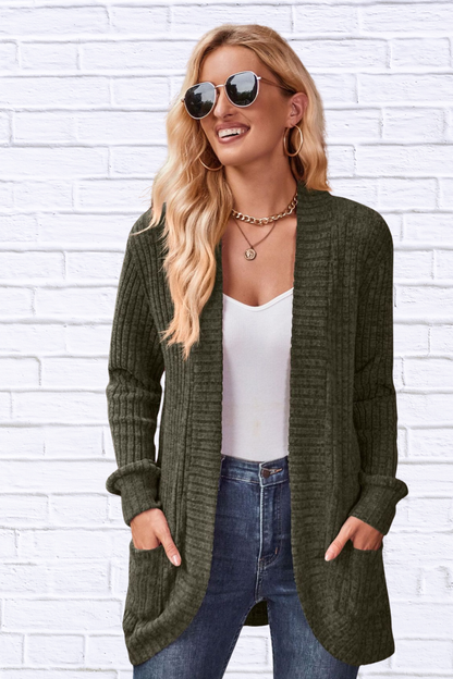 Ribbed Open Front Long Cardigan with Pockets
