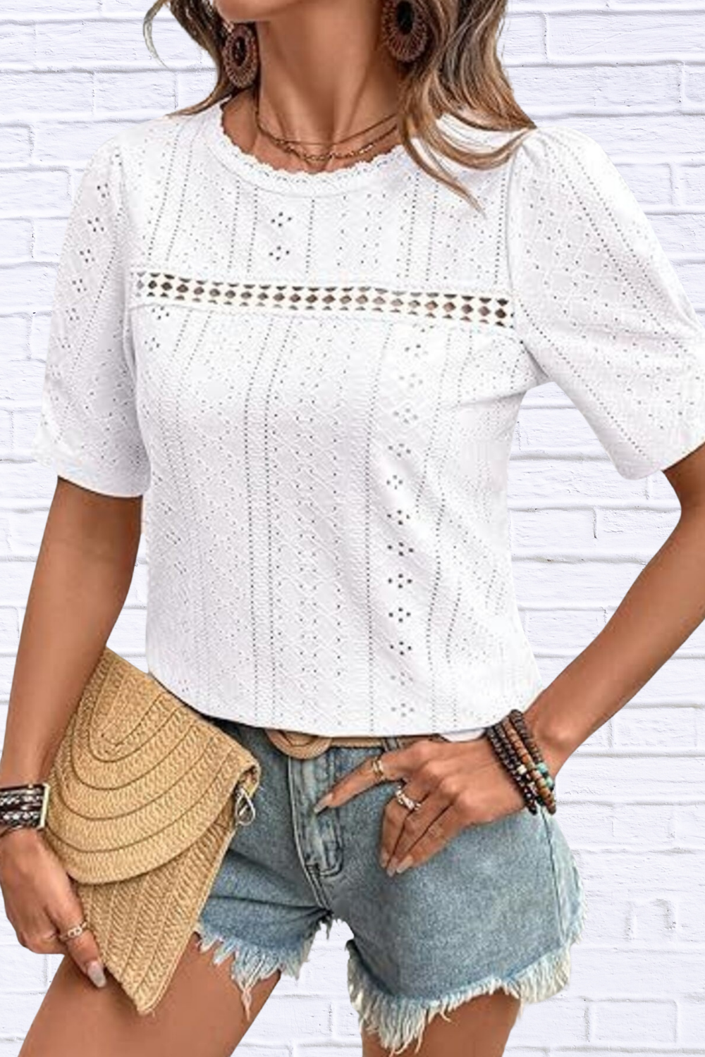 Eyelet Lace Detail Short Sleeve Blouse