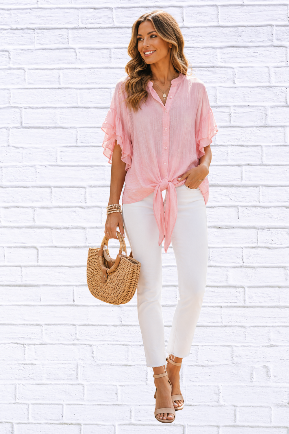 Pink Tie Front Ruffle Sleeve Blouse for Women | Feminine Boutique Spring Top