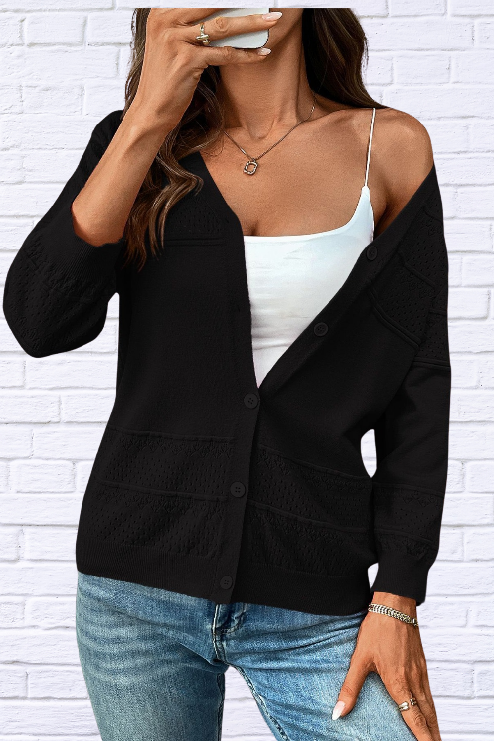 Textured Button-Front Cardigan with 3/4 Sleeves