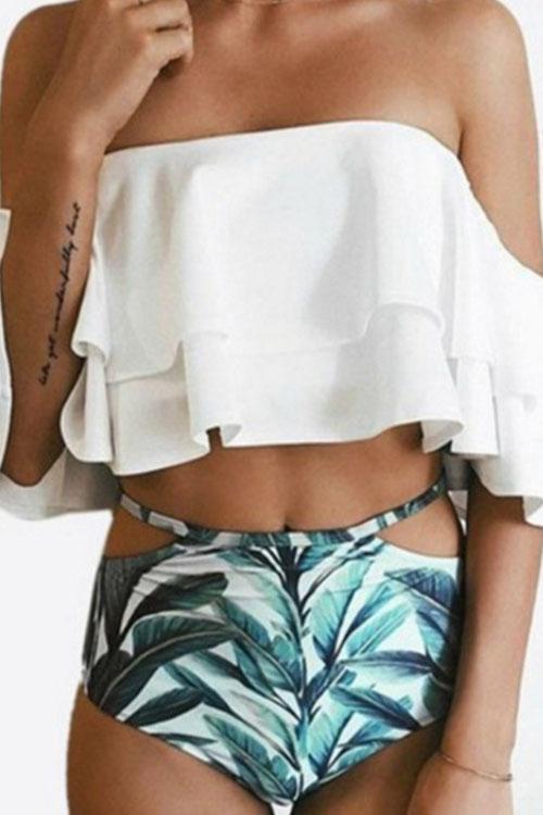 Rosiedress Off Shoulder Ruffled Printed Bikini Set White