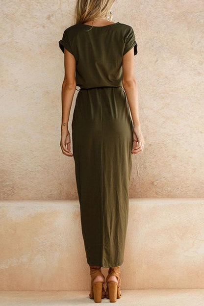 Rosiedress Short Sleeve Tie Waist Slit Midi Dress