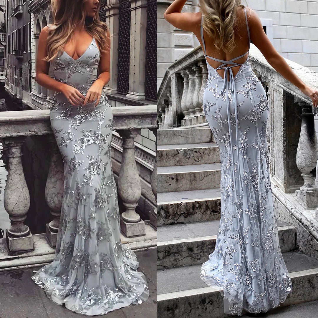 Rosiedress Sequin V Neck Backless Maxi Cami Mermaid Party Dress Gray