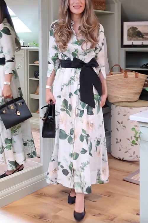 3/4 Sleeves Bow Waist Button Down Printed Midi Dress Green