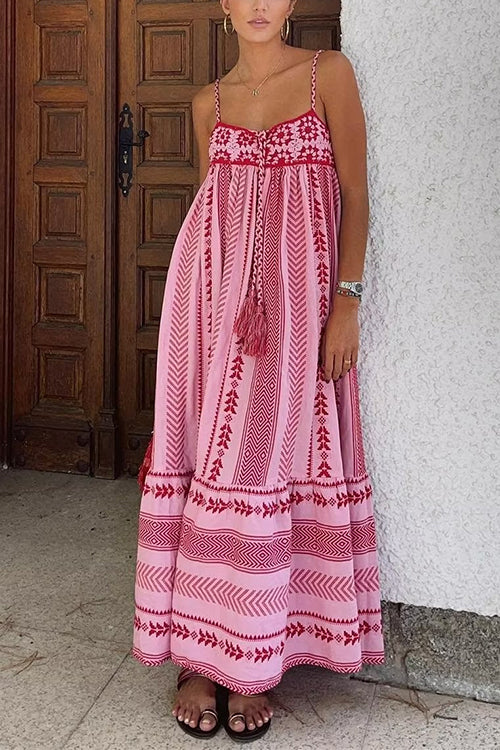 Rosiedress Tassel Crochet Hollow Out Splice Printed Ruffle Maxi Cami Dress