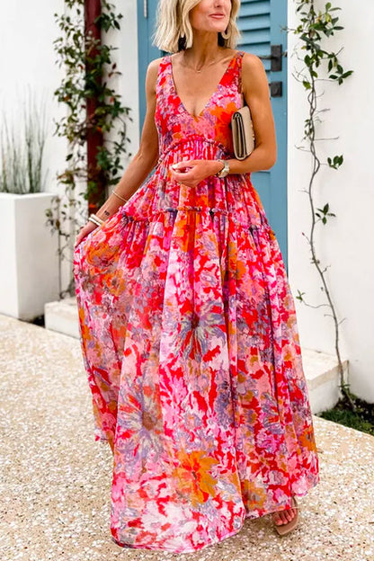 V Neck Sleeveless Floral Print Swing Maxi Vacation Dress Red