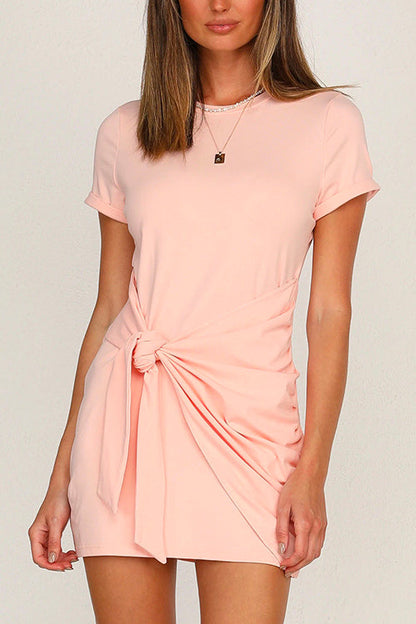 Short Sleeve Knot Waist Solid T-shirt Dress Pink