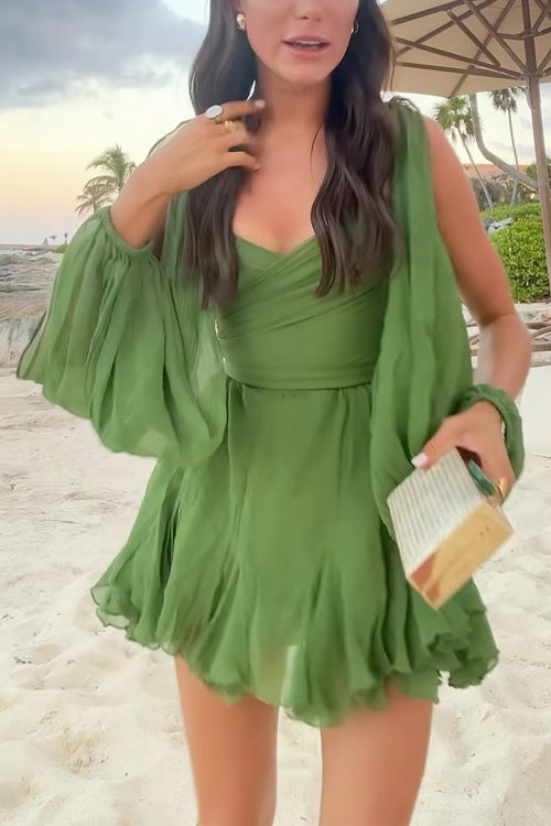 V Neck Back Lace-up Slit Sleeves Mini Dress Green