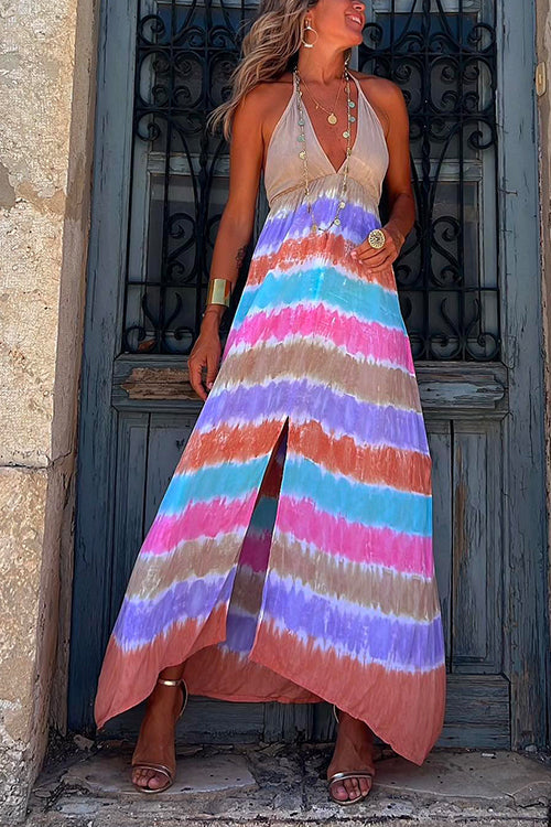 Rosiedress Halter Deep V Neck Slit Tie Dye Maxi Cami Dress Tie Dye