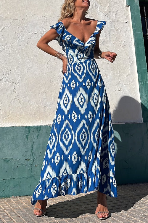 V Neck Waisted Boho Print Ruffle Maxi Dress Blue