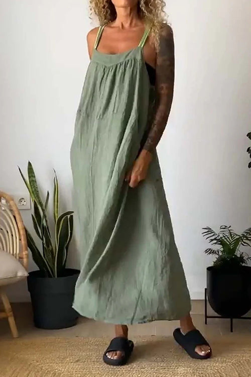 Rosiedress Color Block Casual Cotton Linen Maxi Beach Dress Green