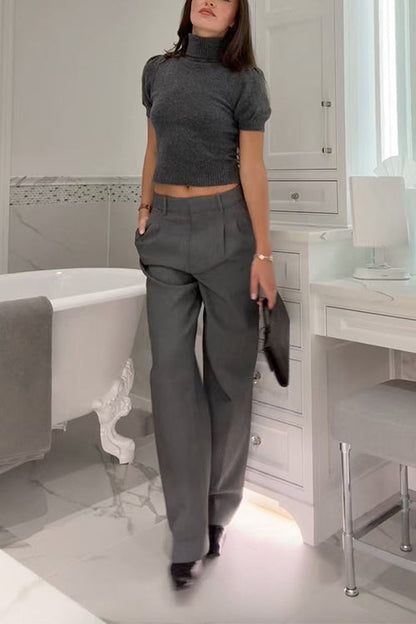 High Neck Puff Short Sleeves Sweater Top