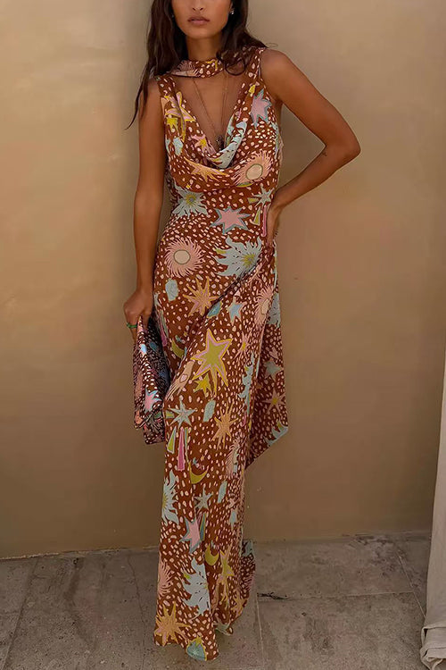 Cowl Neck Open Back Printed Maxi Dress with Scarf
