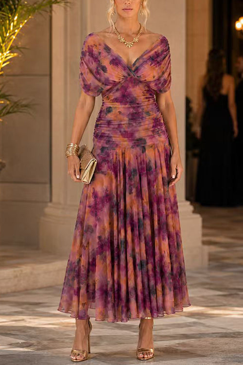 V Neck Ruched Floral Print Maxi Dress