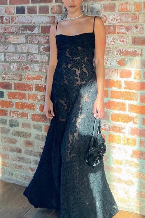 Spaghetti Strap Back Lace-up Applique Flower Lace Maxi Dress Black