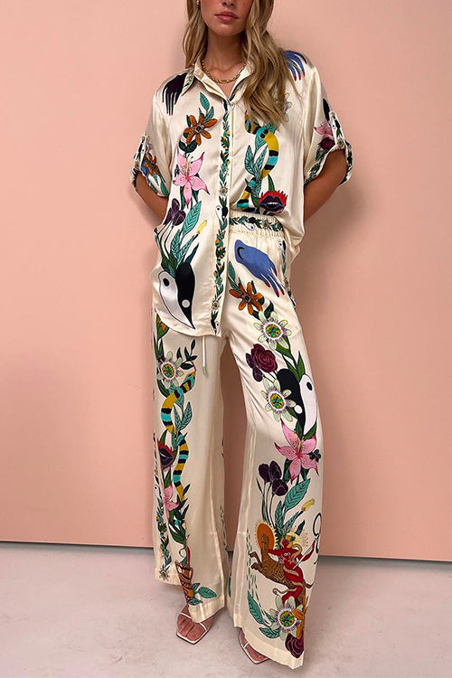 Unique Printed Rolled Up Short Sleeves Blouse Shirt Wide Leg Pants Silk Set Printed