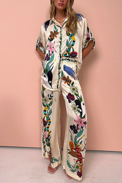 Unique Printed Rolled Up Short Sleeves Blouse Shirt Wide Leg Pants Silk Set Printed