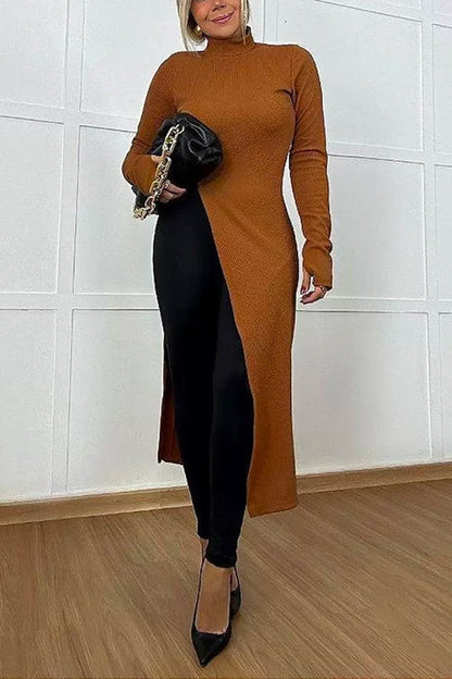 Turtleneck High Slit Long Sweater Top with Thumb Holes Camel