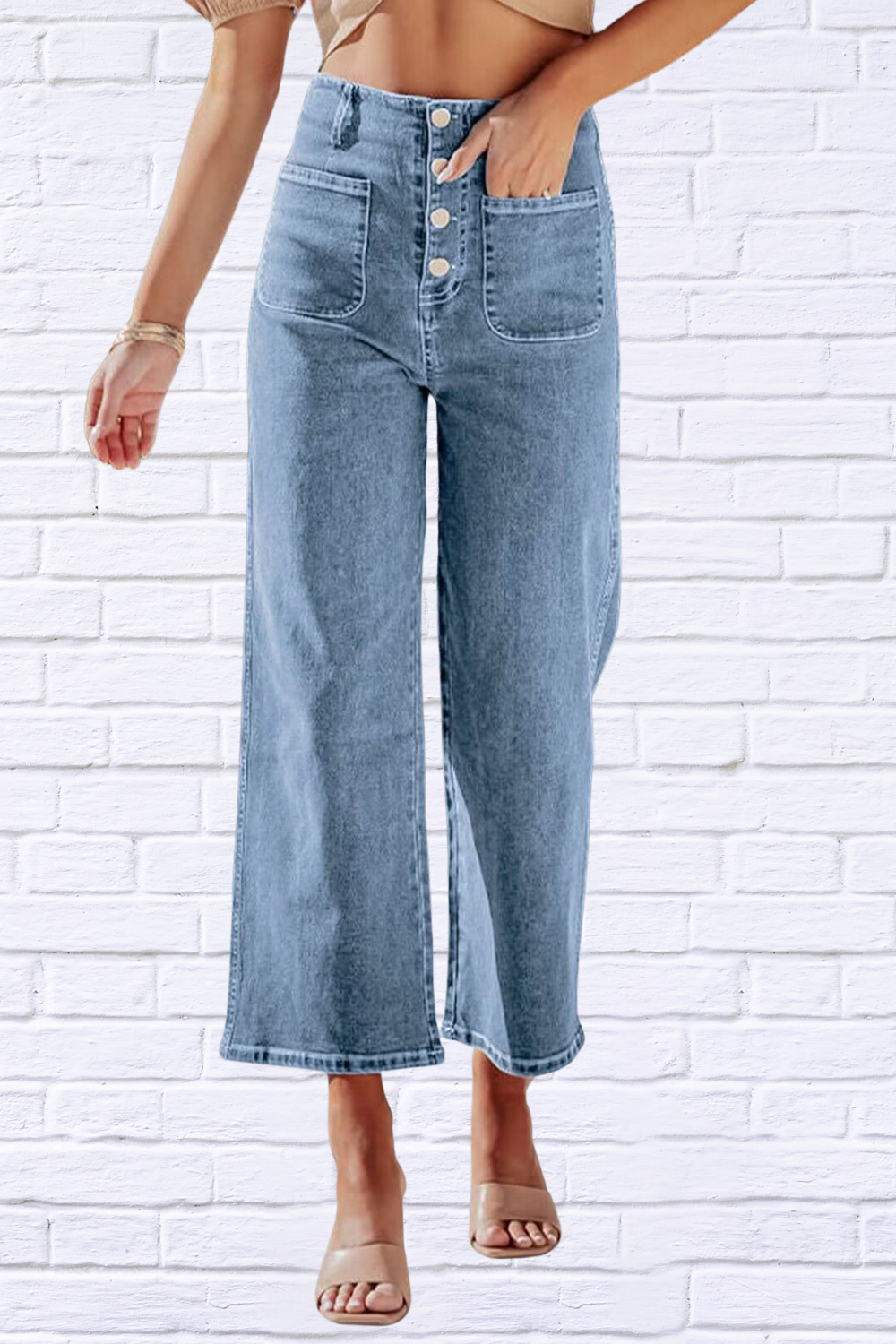 Button Fly Cropped Wide Leg Jeans