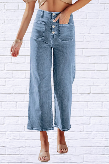 Button Fly Cropped Wide Leg Jeans