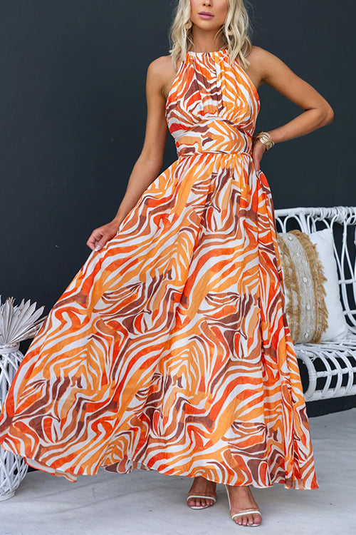 Halter Back Cut Out High Waist Printed Maxi Swing Dress Orange