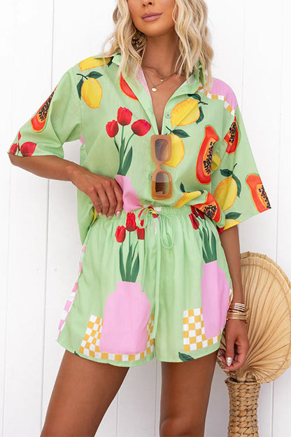 Half Sleeves Button Down Blouse Shirt Drawstring Waist Shorts Printed Set Green