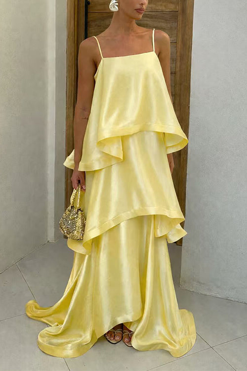 Spaghetti Strap Ruffle Layered Satin Maxi Dress