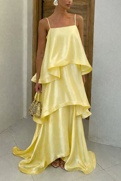 Spaghetti Strap Ruffle Layered Satin Maxi Dress