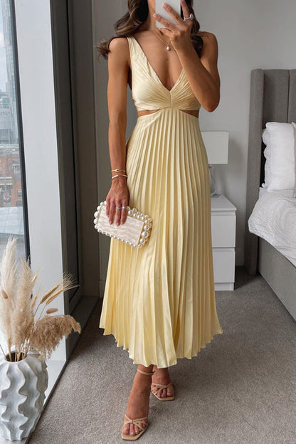 V Neck Cut Out Waist Sleeveless Pleated Maxi Dress Yellow