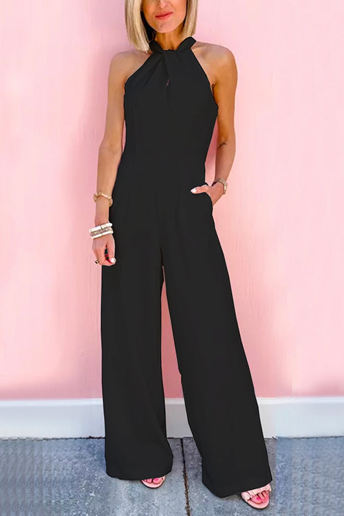 7 Colors Sleeveless Halter Waisted Wide Leg Jumpsuit Black