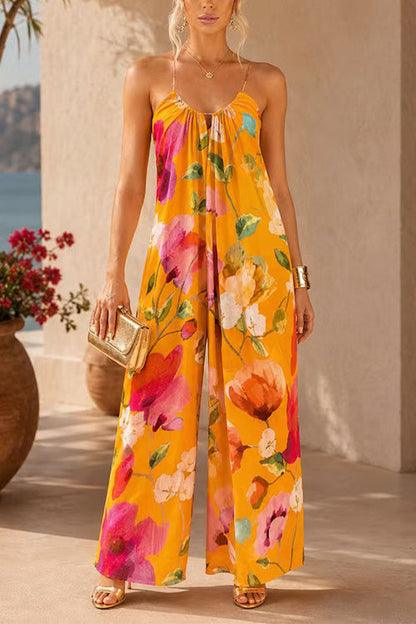 Sleeveless Open Back Floral Print Wide Leg Jumpsuit