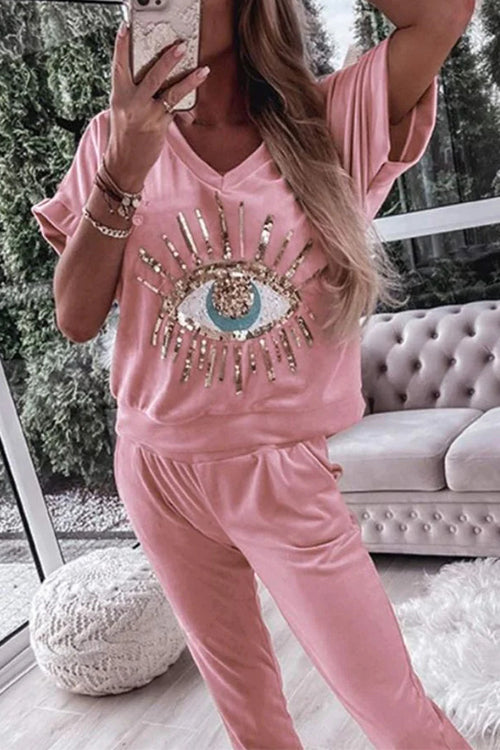 Rosiedress Sequin Pattern V Neck Short Sleeve Top with Pocketed Pants Casual Set