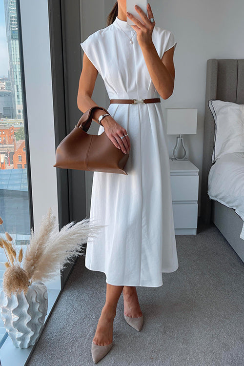 Mockneck Cap Sleeves Waisted White Midi Dress White