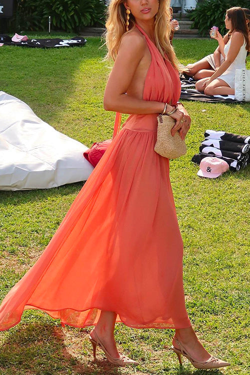 Rosiedress Deep V Neck Halter Backless Flowy Maxi Party Dress Coral