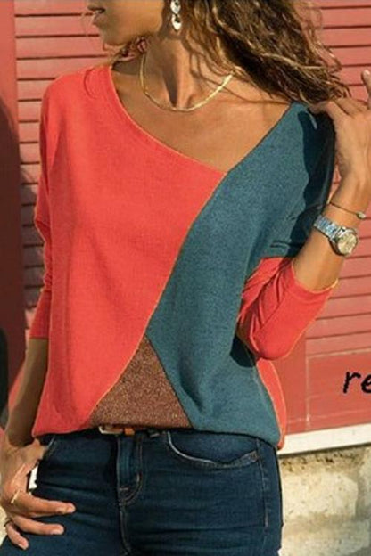 Casual Color Block Long Sleeve Basic Tops Red