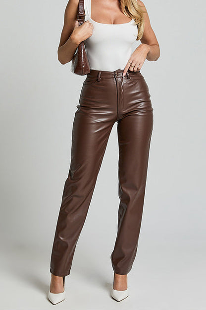 Rosiedress High Rise Pocketed Casual Faux Leather Pants