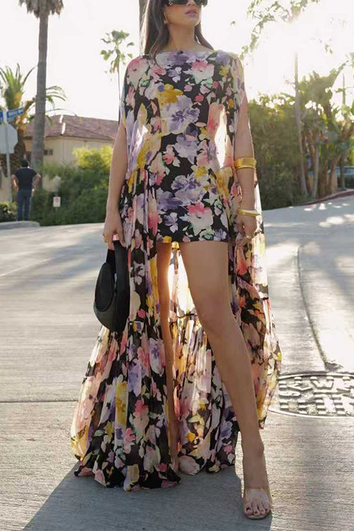 Boat Neck Floral Print High Low Hem Maxi Dress